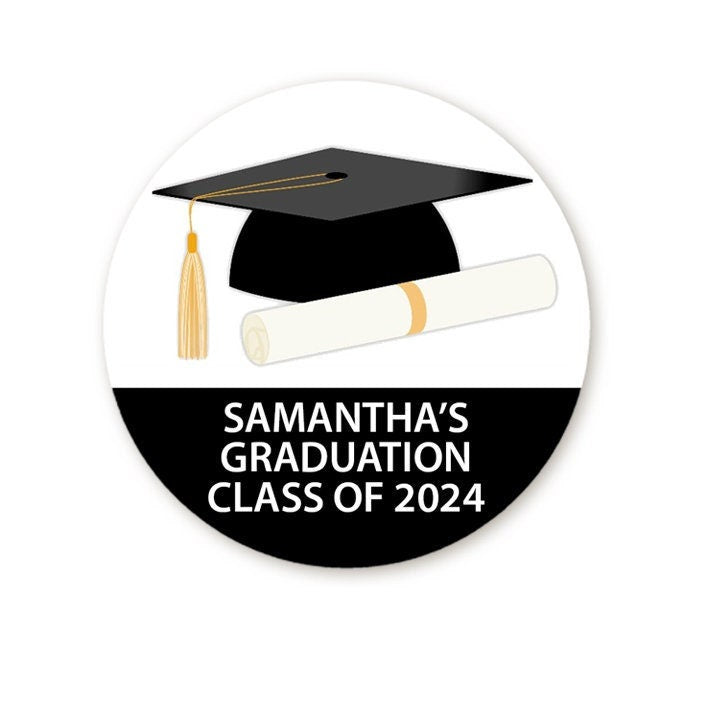 Graduation Cap Diploma Party Sticker, Grad Thank You for Coming Stickers, Black Gold Graduation Class of 2025, Grad Party Favor Labels