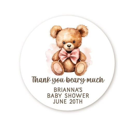 We Can Bearly Wait Stickers, Teddy Bear Girl Pink Baby Shower Favors, Thank You Beary Much Baby Shower Sticker, Bear Themed Round Label