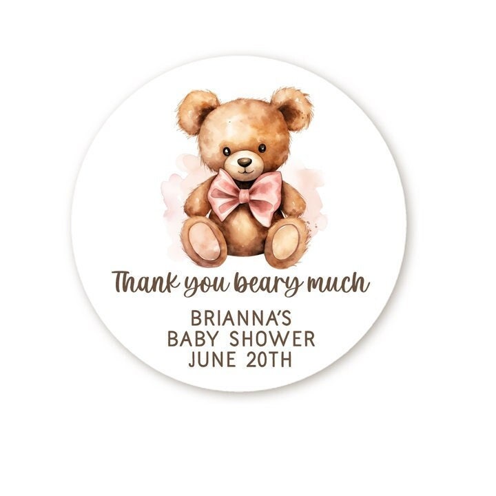 We Can Bearly Wait Stickers, Teddy Bear Girl Pink Baby Shower Favors, Thank You Beary Much Baby Shower Sticker, Bear Themed Round Label