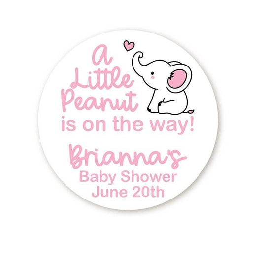 Little Peanut on the way Elephant Girl Baby Shower Round Stickers, Pink Elephant Party, Thank You For Celebrating My Baby Shower Stickers