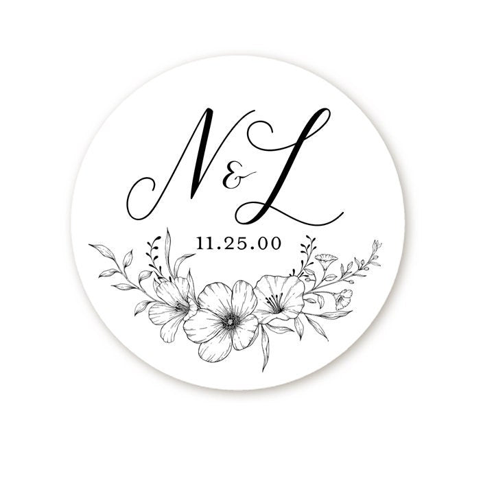 Wedding Couple Initial Flowers Stickers, Personalized Monogram Wedding Favor Label, Wedding Hotel Bag, Favor Candy Sticker, Groom Bride Idea