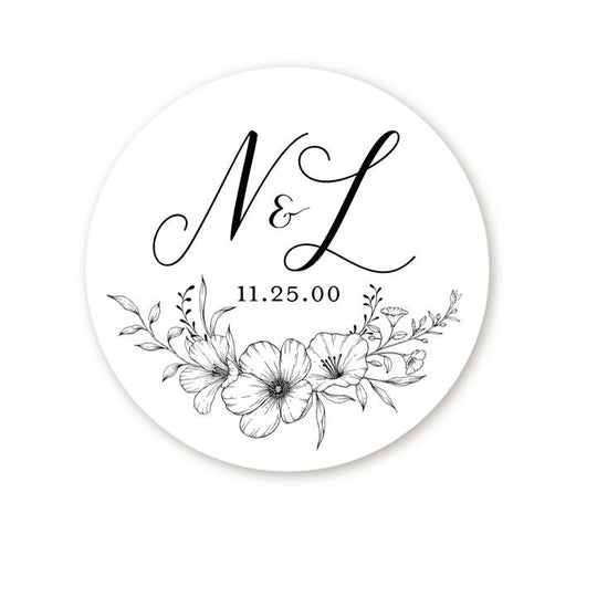 Wedding Couple Initial Flowers Stickers, Personalized Monogram Wedding Favor Label, Wedding Hotel Bag, Favor Candy Sticker, Groom Bride Idea