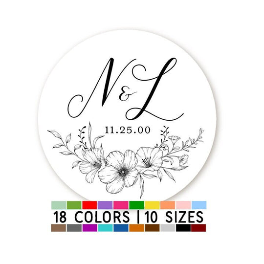 Wedding Couple Initial Flowers Stickers, Personalized Monogram Wedding Favor Label, Wedding Hotel Bag, Favor Candy Sticker, Groom Bride Idea