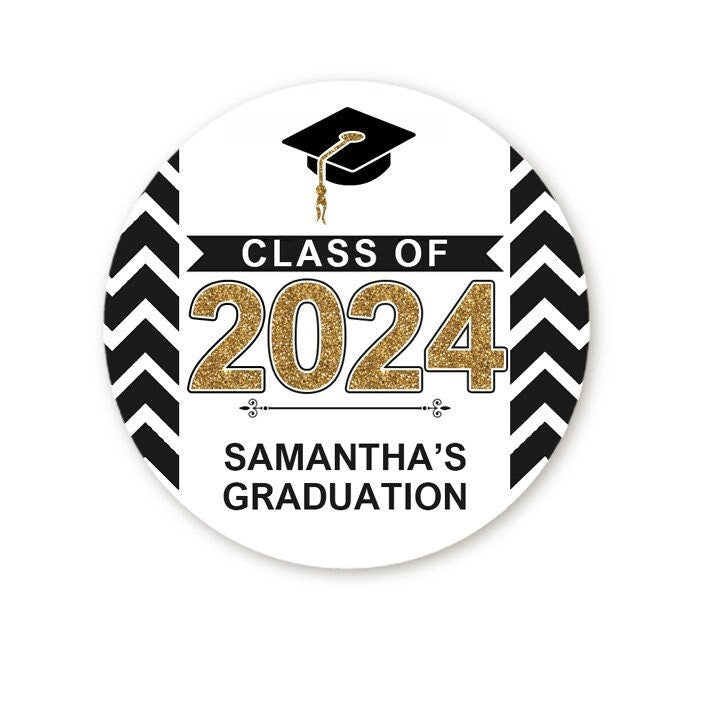 Black & Gold Chevron Graduation Stickers, Personalized Grad Party Favor Label, Graduation Party Thank You Stickers, Graduation Class of 2025