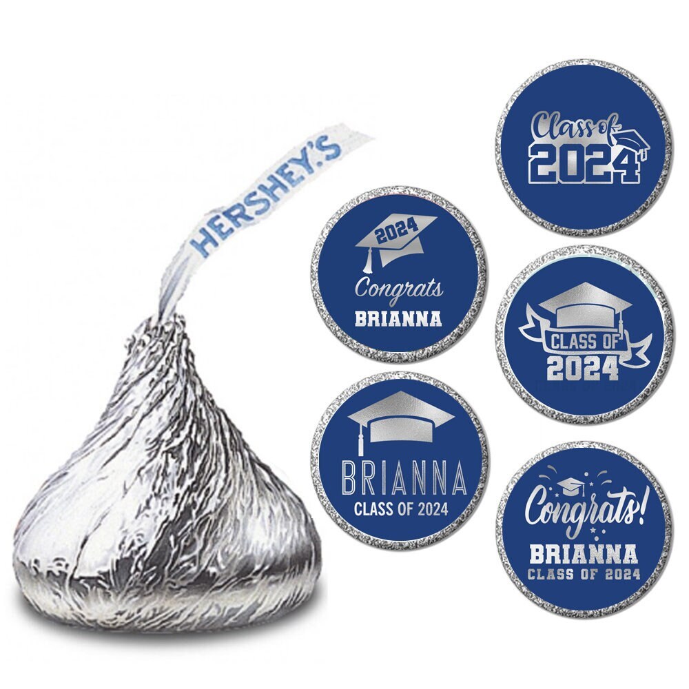 Personalized Graduation Stickers for Chocolate Kisses Candy, Graduation Favor Silver Blue, Graduation Party Decorations, Class of 2025