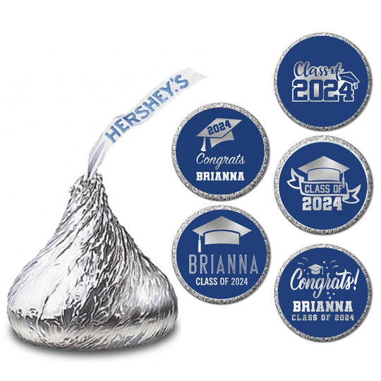 Personalized Graduation Stickers for Chocolate Kisses Candy, Graduation Favor Silver Blue, Graduation Party Decorations, Class of 2025