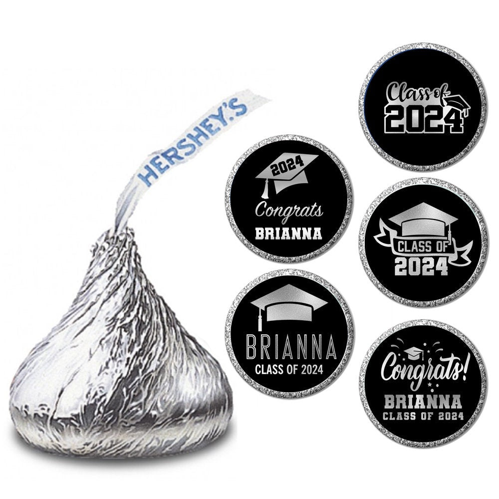 Personalized Graduation Stickers for Chocolate Kisses Candy, Graduation Favor Silver Black, Graduation Party Decorations, Class of 2025
