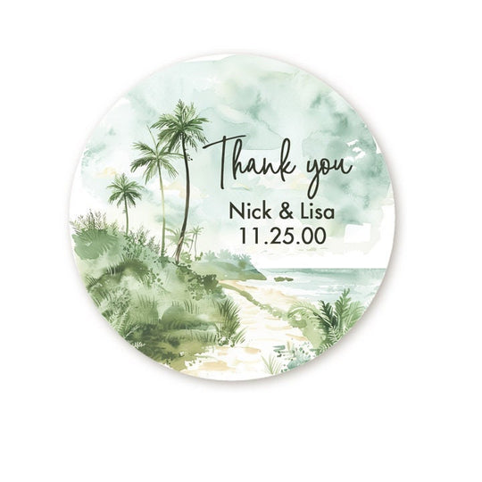 Beach Tropical Palm Tree Stickers, Personalized Watercolor Ocean Wedding Favor Labels, Summer Stickers