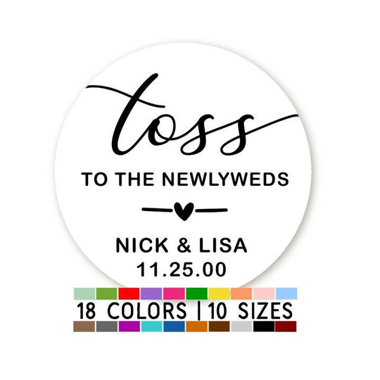 Toss at the Newlyweds Sticker Name/Date, Wedding Petal Confetti Favor Bag Cone Toss Stickers, Wedding Favor Stickers
