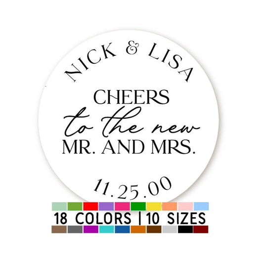 Cheers To The New Mr & Mrs Stickers, Names and Date Wedding Favor Labels, Welcome Bag for Hotel Guests Stickers