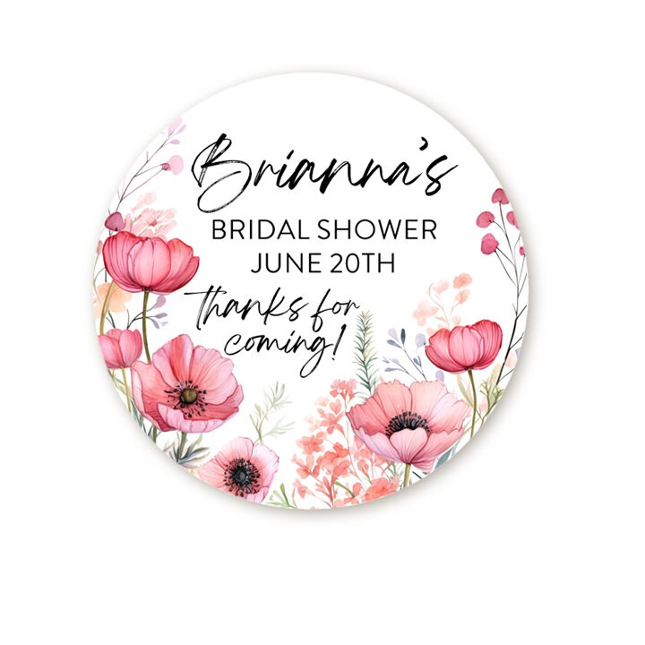 Pink Black Blush Floral Wedding Favor Stickers, Bridal Shower Sticker Favors,  Pink Flowers Thank You Stickers, Wedding Favor Sticker Labels