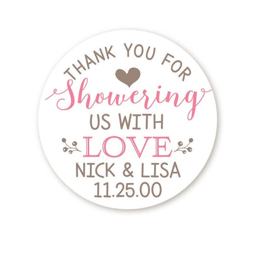 Thank You For Showering Us With Love Bridal Shower Stickers, Thank You Stickers, Wedding Favor Sticker Labels, Personalized Party Favors
