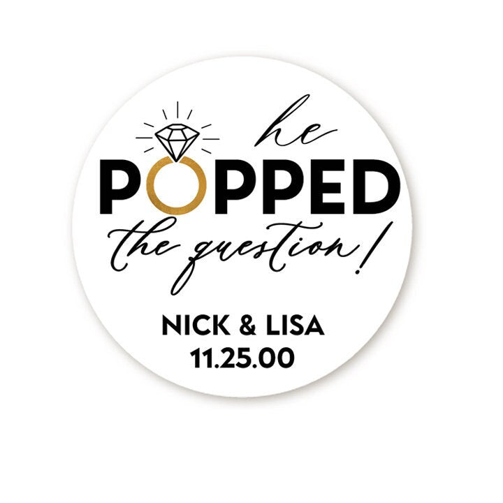 He Popped the Question Favor Stickers, Popcorn Shower Favors,  Personalized Bridal Shower Favors, Engagement Favor, Faux Gold and Black