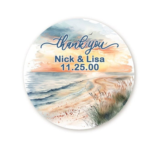 Sunset Beach Stickers, Personalized Watercolor Ocean Waves Wedding Favor Labels, Summer Thank You Stickers