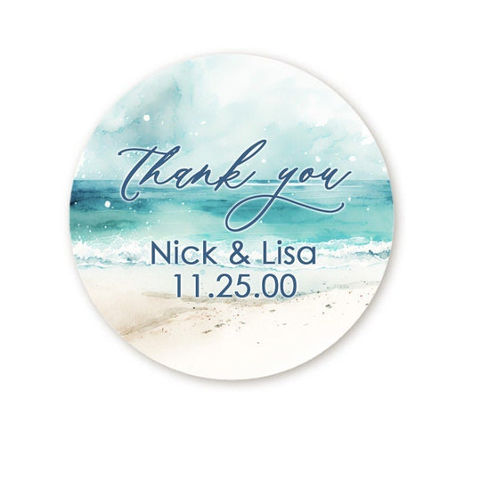 Watercolor Beach Themed Stickers, Personalized Ocean Waves Wedding Favor Labels, Summer Thank You Stickers