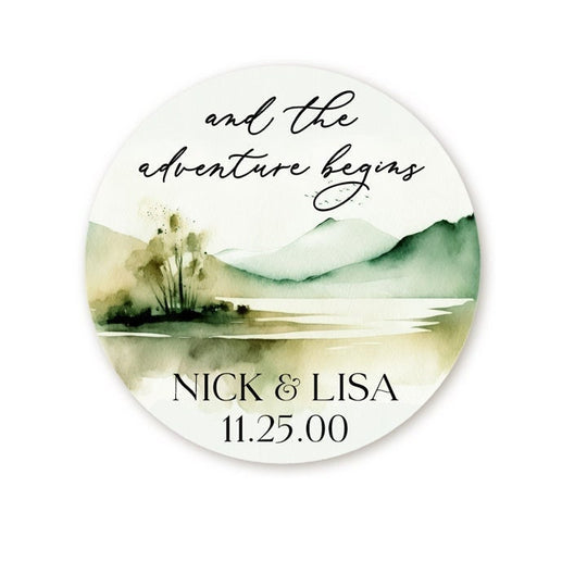 Adventure Begins Forest Stickers, Personalized Green Landscape Wedding Stickers, Green Watercolor Trees Lake Circle Wedding Labels