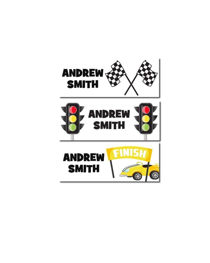 Race Car Driving Name Labels, Name Tag Stickers, Waterproof Labels for Kids Daycare, Vinyl Name Stickers for Kids School Labels