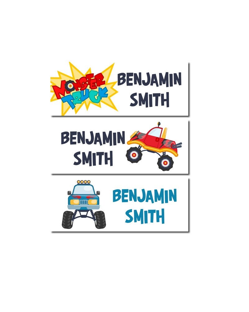 Personalized Monster Truck Kids Stickers, Back to School Vinyl Label, Child First Last Name