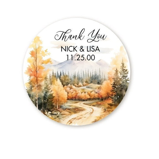 Autumn Forest Thank You Stickers, Personalized Wedding Stickers, Fall Season Watercolor Tree Circle Wedding Labels