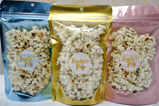 Ready To Pop Baby Shower Popcorn Favor Pouches and Labels Personalized Ready To Pop Trendy Bag Popcorn Bags Boy Girl Baby Shower Favor Bags