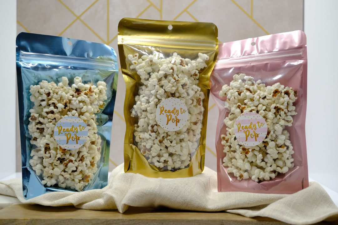 Ready To Pop Baby Shower Popcorn Favor Pouches and Labels Personalized Ready To Pop Trendy Bag Popcorn Bags Boy Girl Baby Shower Favor Bags