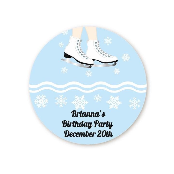 Ice Skating Birthday Party Favor Stickers, Happy Birthday Labels, Custom Birthday Party Favor Labels, Personalized Round Stickers