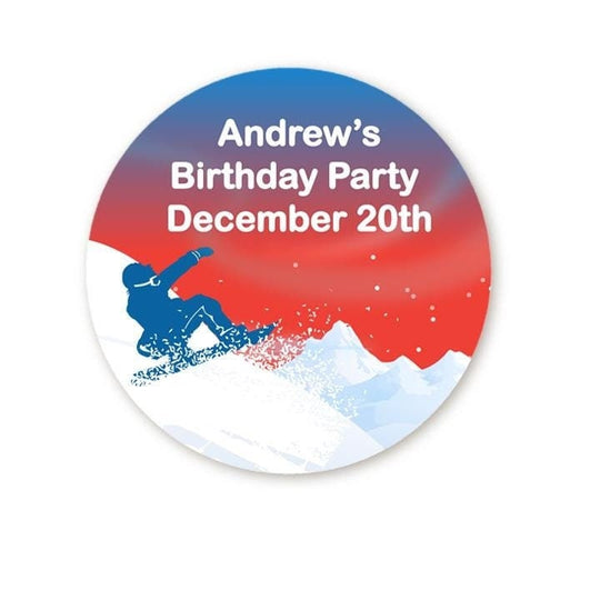 Snowboarding Birthday Party Favor Stickers, Happy Birthday Labels, Custom Birthday Party Favor Labels, Personalized Round Stickers