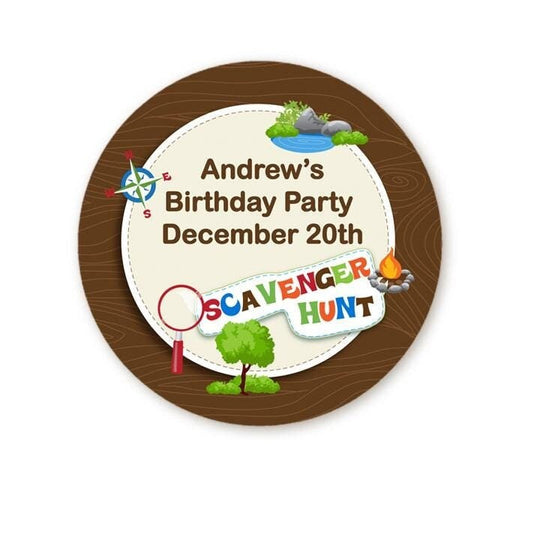 Scavenger Hunt Birthday Party Favor Stickers, Happy Birthday Labels, Custom Birthday Party Favor Labels, Personalized Round Stickers
