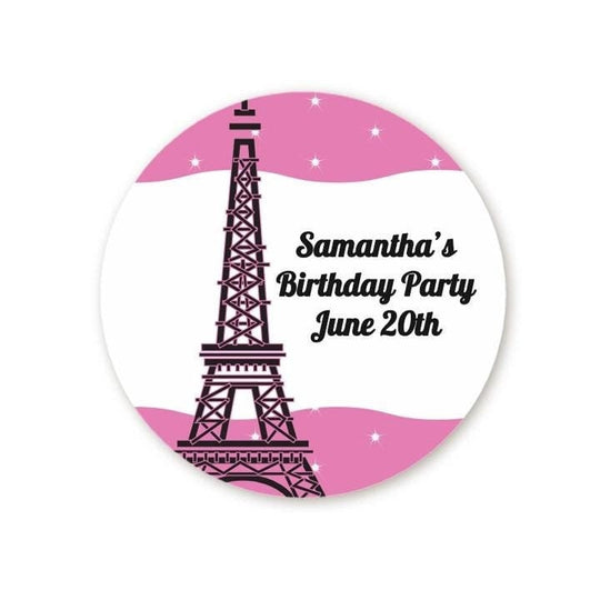 Paris Eiffel Tower Birthday Party Favor Stickers, Happy Birthday Labels, Custom Birthday Party Favor Labels, Round Stickers