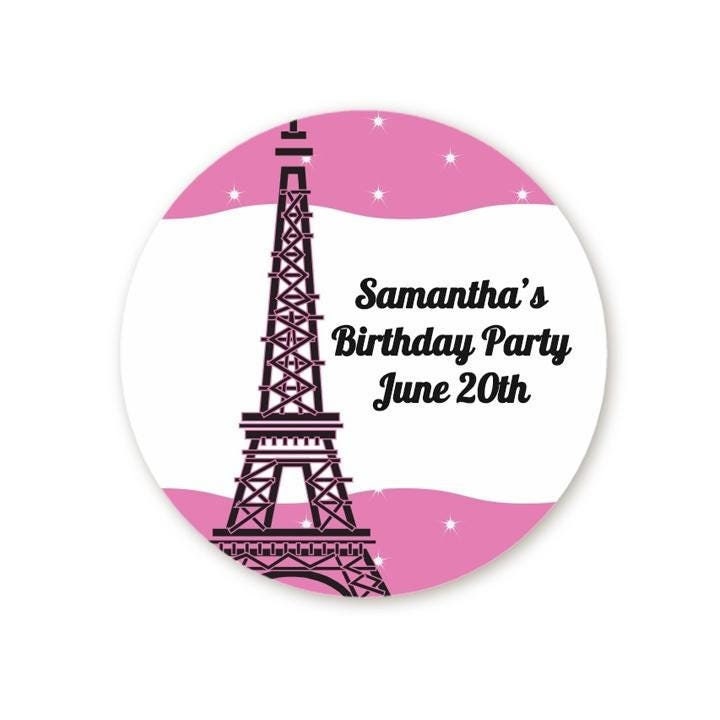 Paris Eiffel Tower Birthday Party Favor Stickers, Personalized Labels
