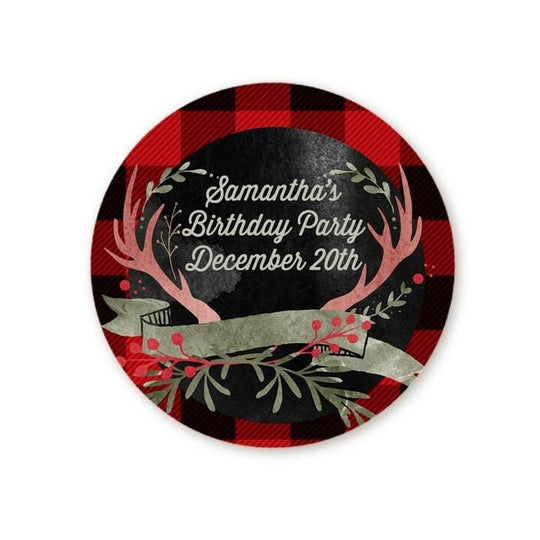 Lumberjack Red Plaid Birthday Party Favor Stickers, Happy Birthday Labels, Custom Birthday Party Favor Labels, Deer Antler Round Stickers
