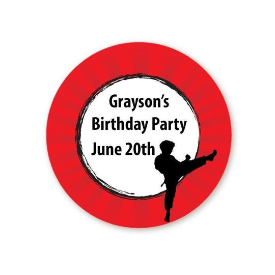 Karate Birthday Party Favor Stickers, Happy Birthday Labels, Custom Birthday Party Favor Labels, Round Stickers