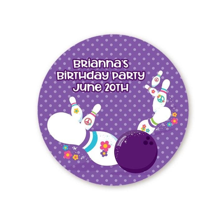 Groovy Bowling Party Birthday Party Favor Stickers, Happy Birthday Labels, Custom Birthday Party Favor Labels, Round Stickers