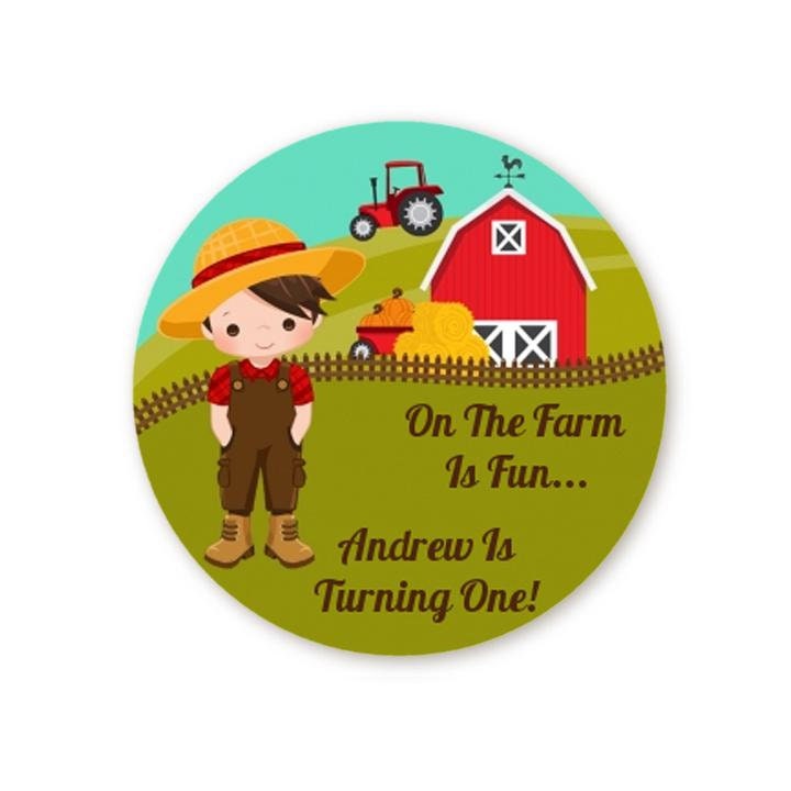 Country Boy Farm Birthday Party Favor Stickers, Happy Birthday Labels, Custom Birthday Party Favor Labels, Round Stickers