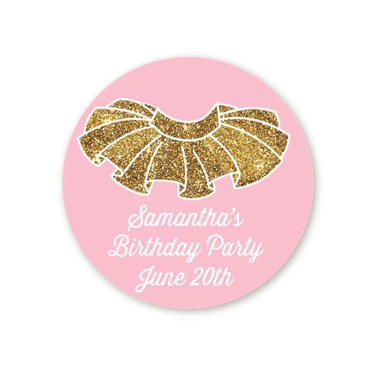 Tutu Gold Faux Glitter Birthday Party Favor Stickers, Happy Birthday Labels, Custom Birthday Party Favor Labels, Personalized Round Stickers