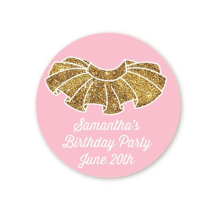 Tutu Gold Glitter Birthday Party Favor Stickers: Personalized Labels