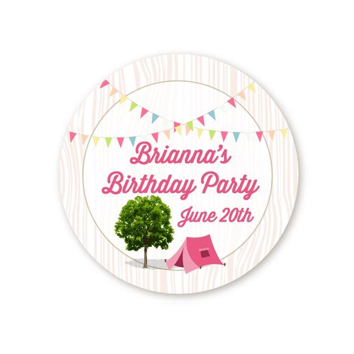 Camping Glam Style Birthday Party Favor Stickers, Happy Birthday Labels, Custom Birthday Party Favor Labels, Personalized Round Stickers