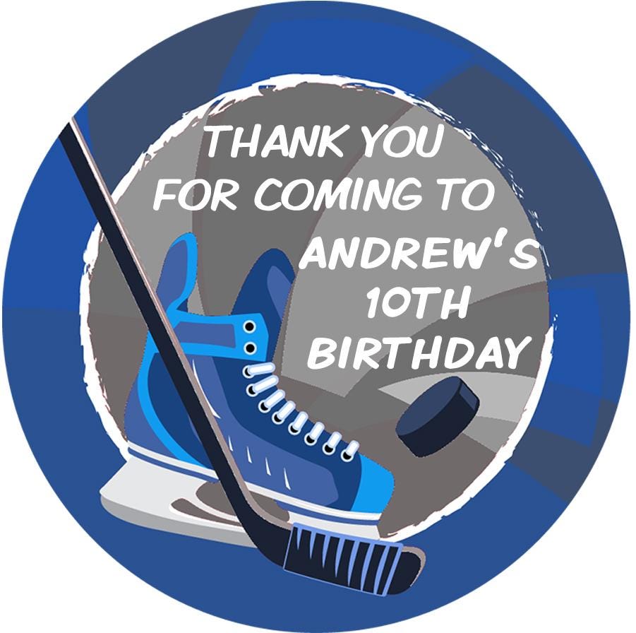 Hockey Skate Stick Birthday Party Favor Stickers, Happy Birthday Labels, Custom Birthday Party Favor Labels, Personalized Round Stickers