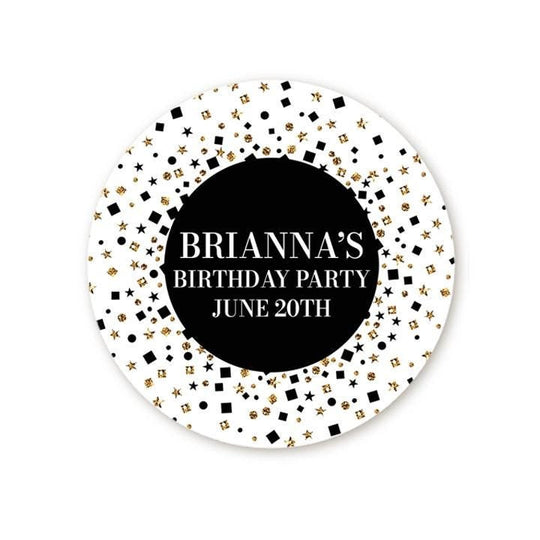 Gold Black Glitter Round Sticker Labels, Personalized Sparkle Birthday Stickers, Birthday Party Stickers, Bridal Shower Party Bag Labels