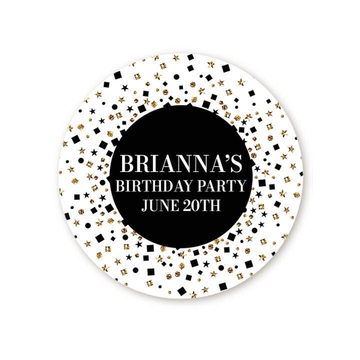 Gold Black Glitter Round Sticker Labels, Personalized Sparkle Birthday Stickers, Birthday Party Stickers, Bridal Shower Party Bag Labels