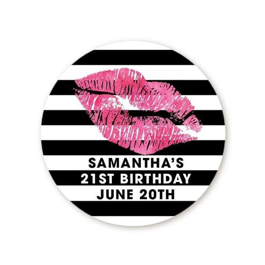 Lips and Stripes - Personalized Round Lip Party Sticker Labels - Hot Pink Lipstick - Black and White Stripe