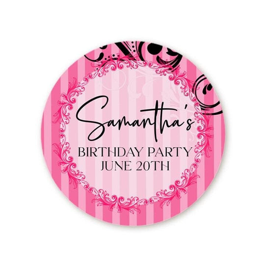 Pink Stripe Couture Birthday Party Favor Stickers, Happy Birthday Labels, Custom Birthday Party Favor Labels, Round Stickers