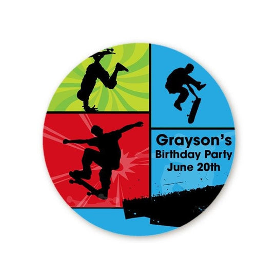 Skateboard Birthday Party Favor Stickers, Happy Birthday Labels, Custom Birthday Party Favor Labels, Personalized Round Stickers