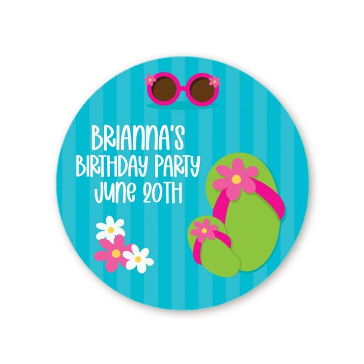 Flip Flops Pool Party Birthday Party Favor Stickers, Happy Birthday Labels, Custom Birthday Party Favor Labels, Personalized Round Stickers
