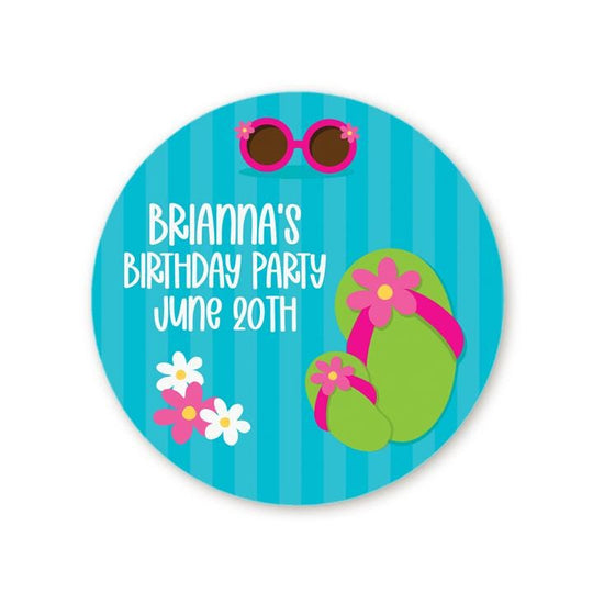 Flip Flops Pool Party Birthday Party Favor Stickers, Happy Birthday Labels, Custom Birthday Party Favor Labels, Personalized Round Stickers