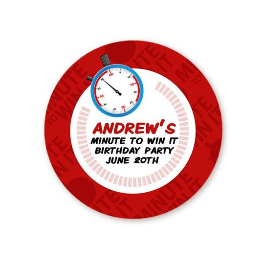Minute To Win It Birthday Party Favor Stickers, Happy Birthday Labels, Custom Birthday Party Favor Labels, Round Stickers