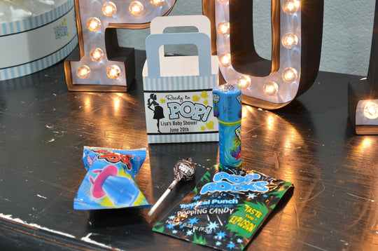 Baby Shower Favor Boxes - Ready To Pop Blue - Personalized Custom Party Treat Container Gift Bags - Set Of 10