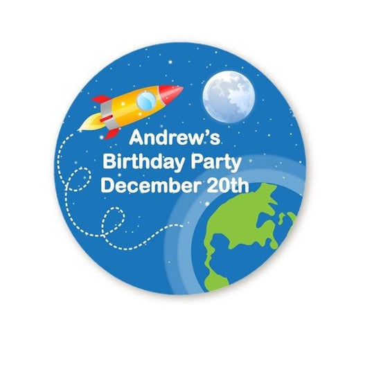 Rocketship Birthday Party Favor Stickers, Outerspace Happy Birthday Labels, Custom Birthday Party Favor Labels, Personalized Round Stickers