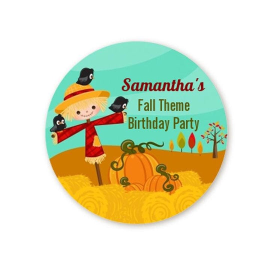 Scarecrow Fall Theme Birthday Party Favor Stickers, Happy Birthday Labels, Custom Birthday Party Favor Labels, Personalized Round Stickers