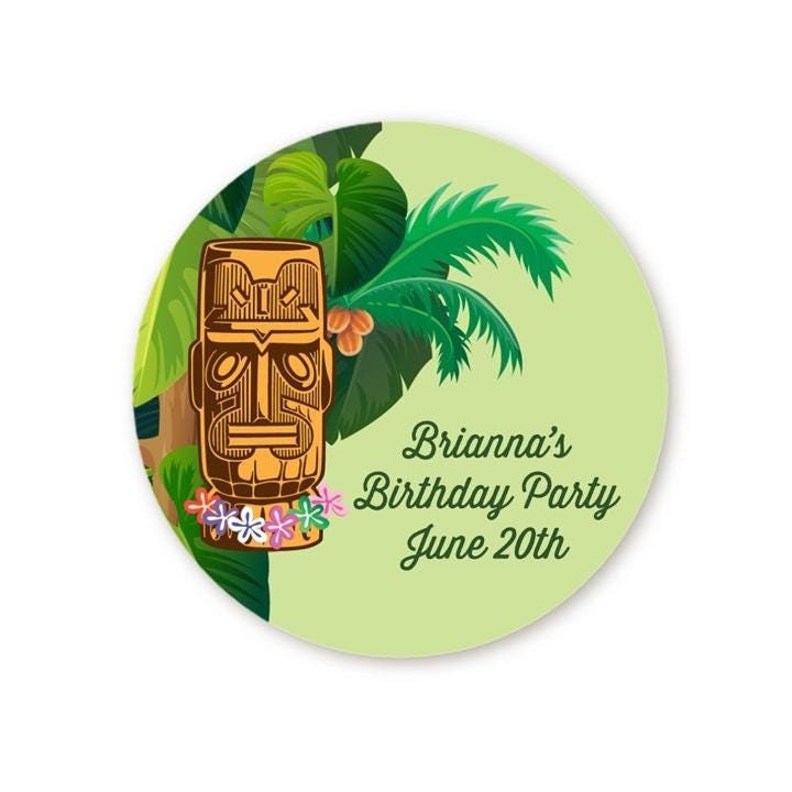 Tiki Luau Birthday Party Favor Stickers: Personalized Hawaiian Labels